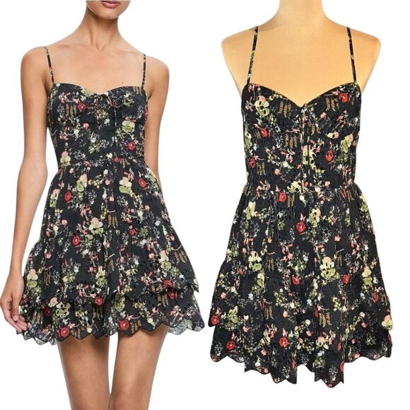 ALICE + OLIVIA Daisy Tiered Mini Dress Sz.10 Dark Floral Black Eyelet Tie-Front - Picture 1 of 16